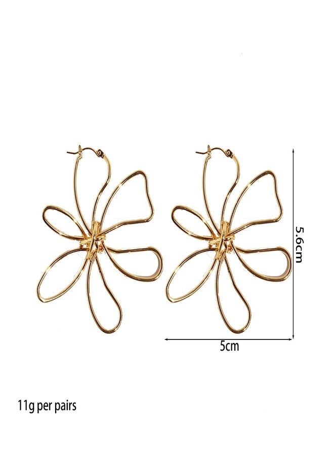 Anmpab Bohemia Large Hollow Flower Hoop Earrings for Women Big Wire Frame Flower Lines Blossom Drop Dangle Earrings (Gold) - Image 5